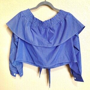 Boohoo top  Blue striped Bardot crop top cuffed sleeve size 8